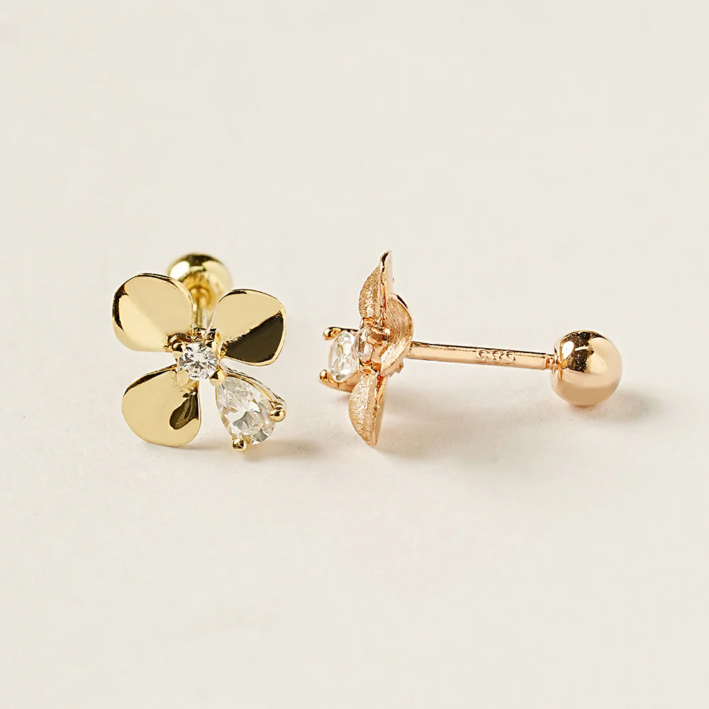 14K Gold Cubic Clover drop and stud Cartilage Earring 20G18G16G - Image 15