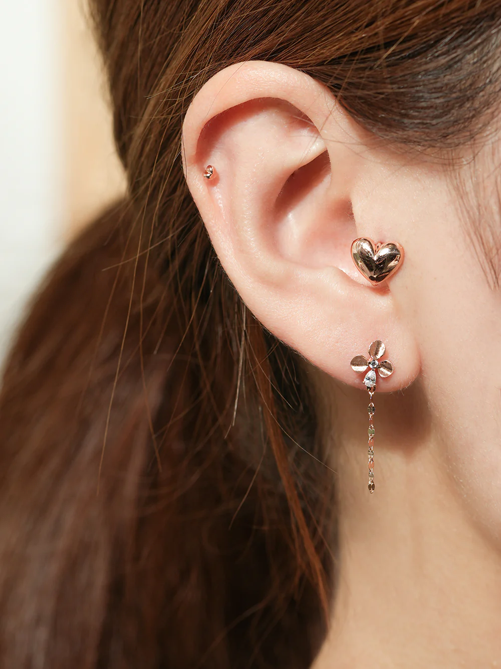 14K Gold Cubic Clover drop and stud Cartilage Earring 20G18G16G - Image 2