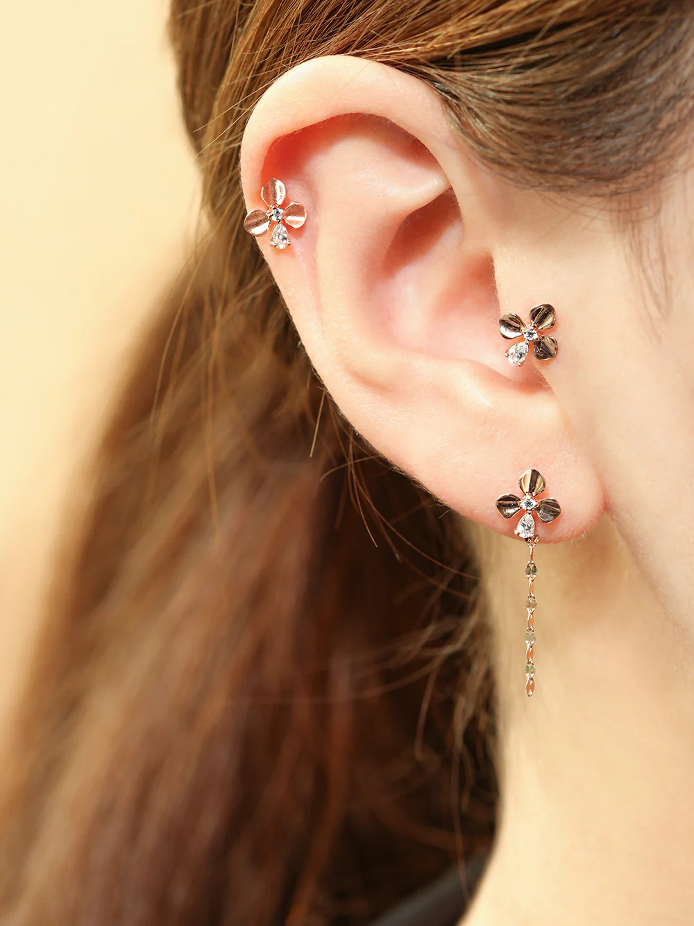 14K Gold Cubic Clover drop and stud Cartilage Earring 20G18G16G - Image 4