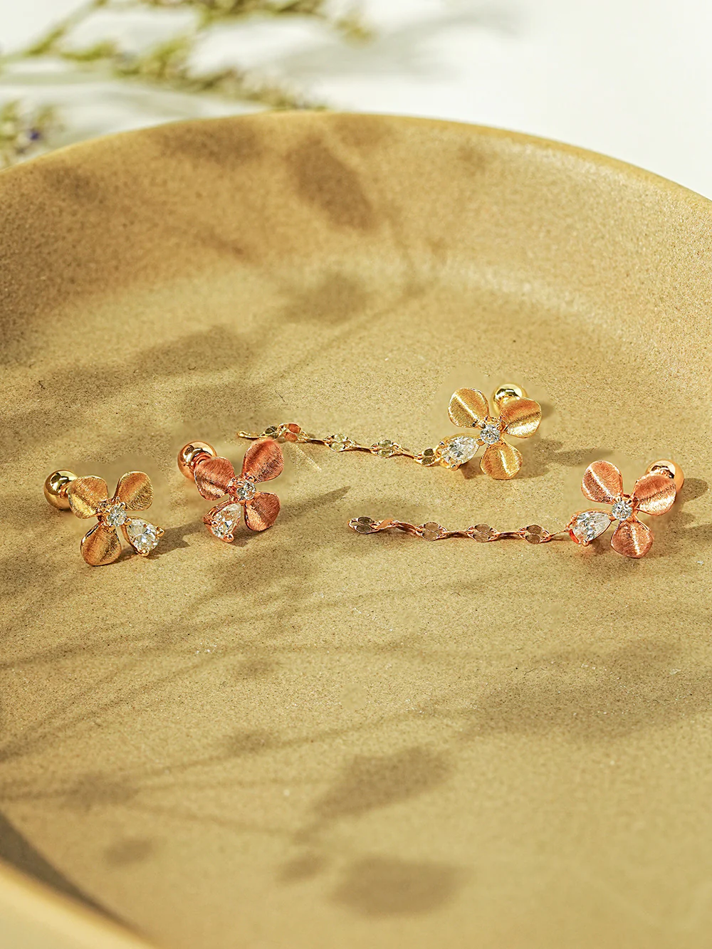 14K Gold Cubic Clover drop and stud Cartilage Earring 20G18G16G - Image 5