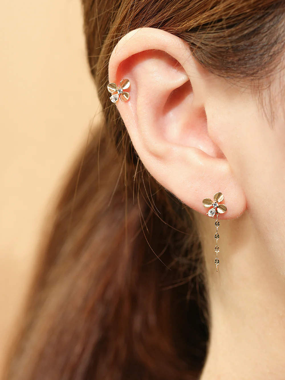 14K Gold Cubic Clover drop and stud Cartilage Earring 20G18G16G - Image 6