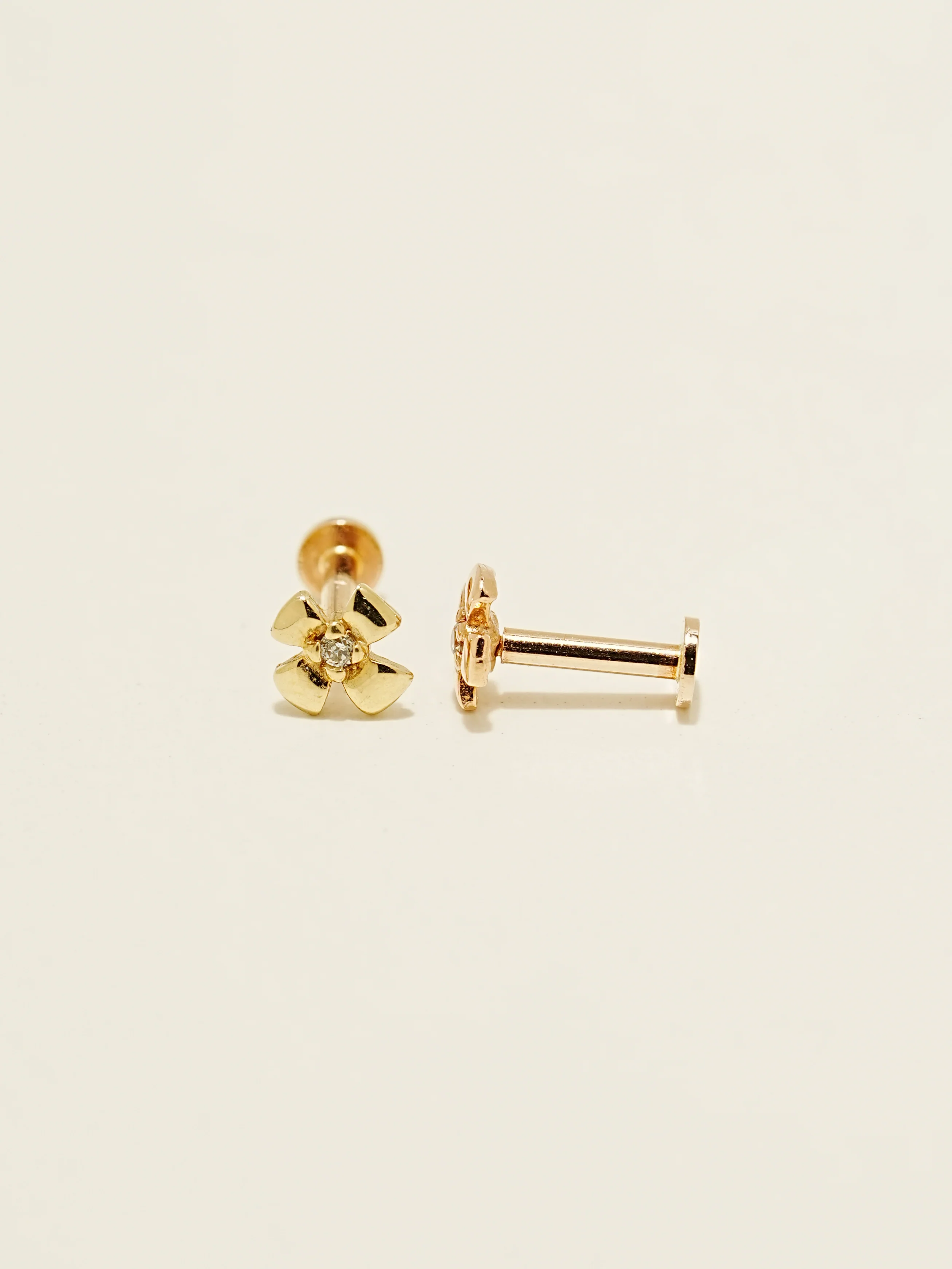 14K Gold Cubic Clover Internally Threaded Labret Piercing 18G16G - Image 6