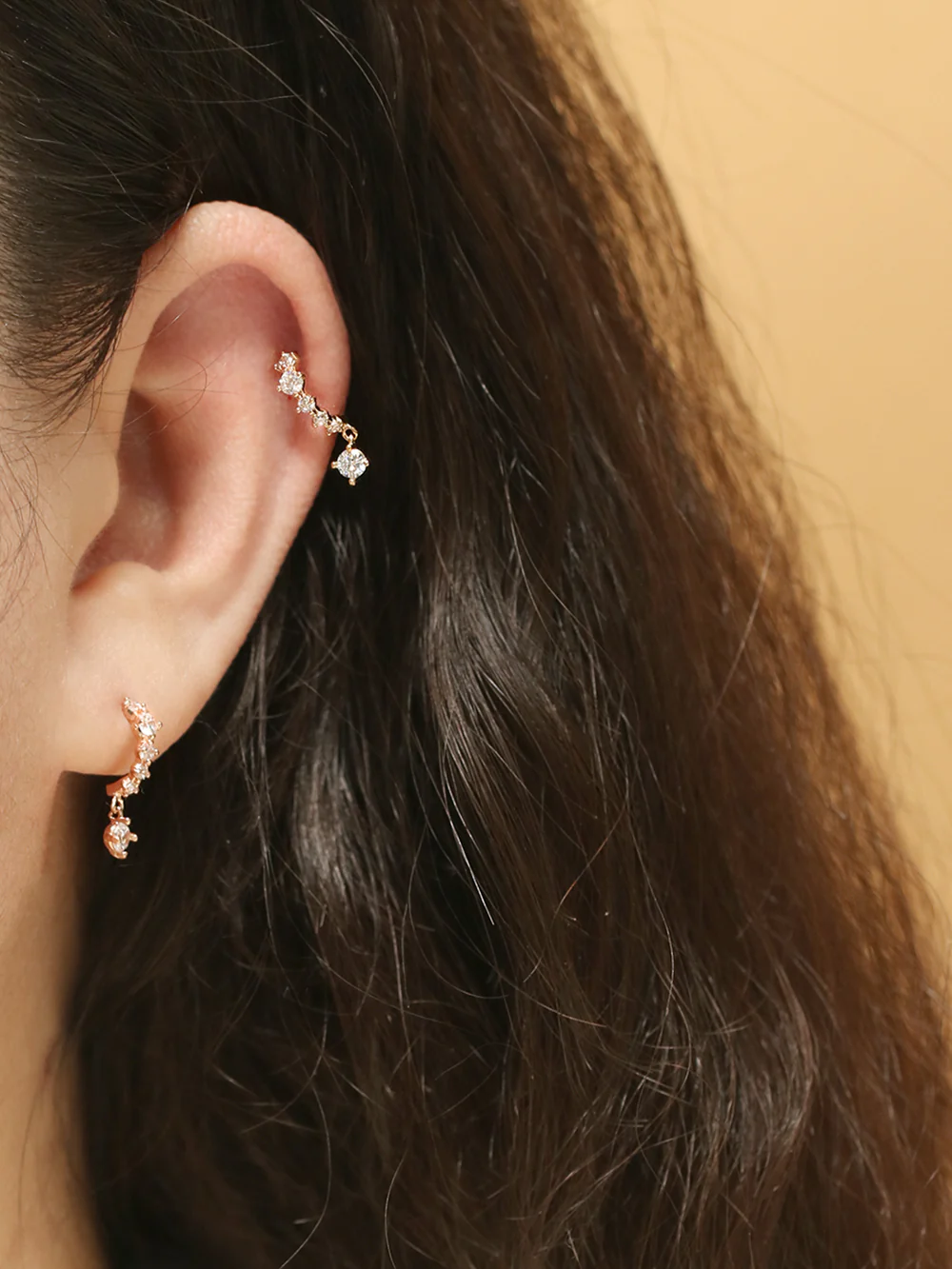 14K Gold Cubic Curve Drop Piercing Earring 20G18G16G - Image 2
