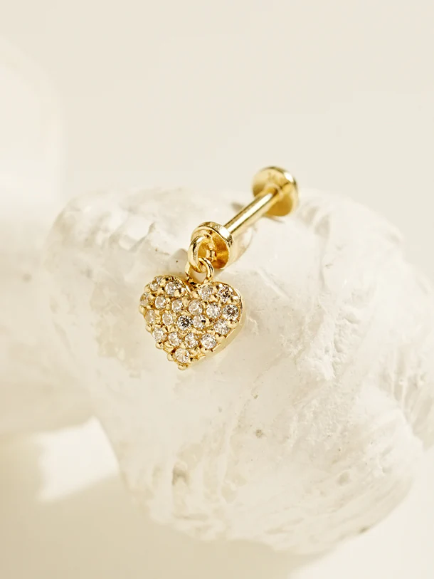 14K Gold Cubic Heart Drop Internally Threaded Labret Piercing 20G18G16G - Image 3