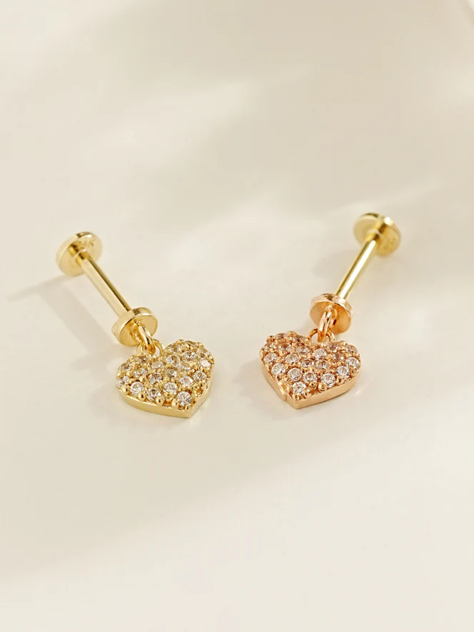 14K Gold Cubic Heart Drop Internally Threaded Labret Piercing 20G18G16G - Image 5