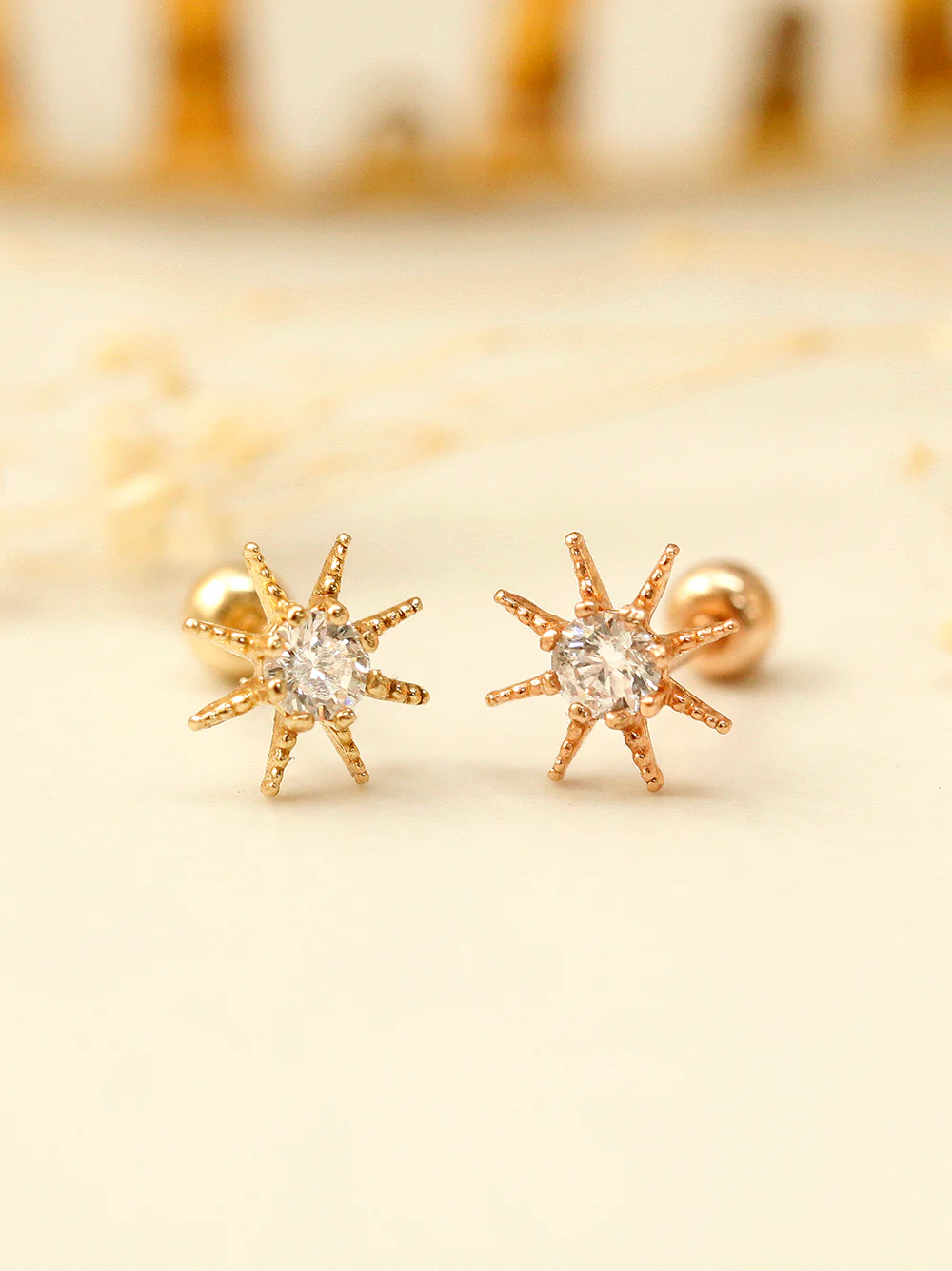 14K Gold Cubic Sunflower Cartilage Earring 20G18G16G - Image 2
