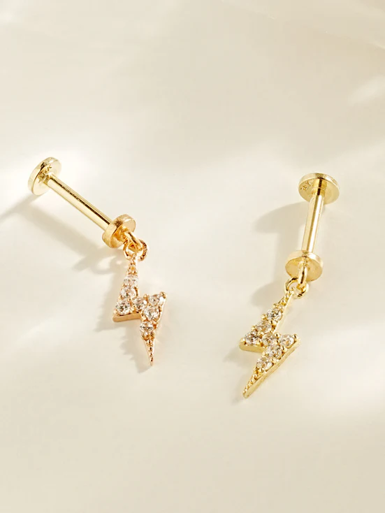 14K Gold Cubic Thunder Drop Internally Threaded Labret Piercing 20G18G16G - Image 3
