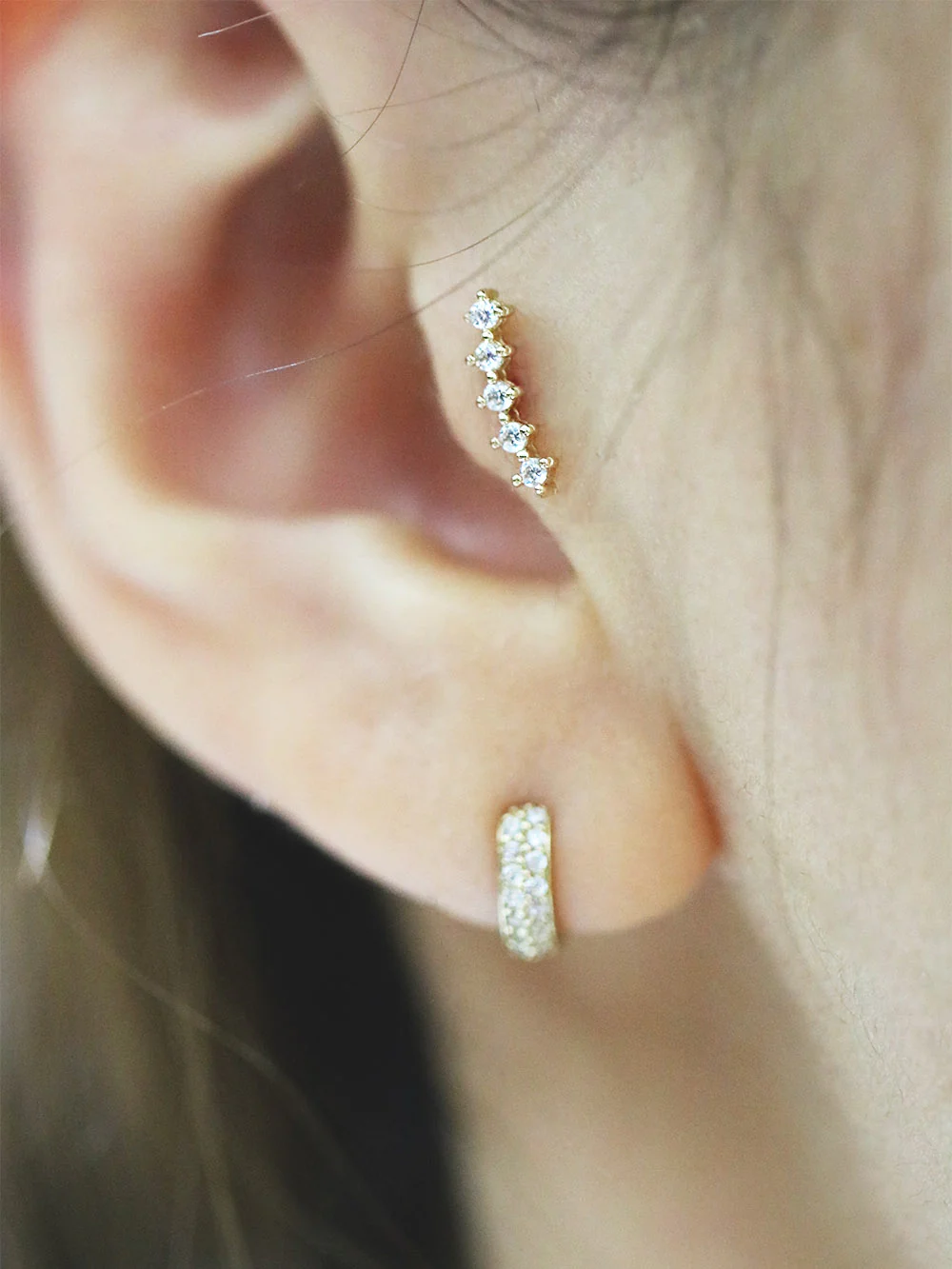 14K Gold Curved CZ Cartilage Earring 18G16G - Image 7