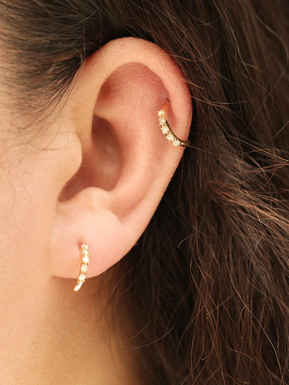14K Gold Opal Half Curved Earring 20G18G16G - Image 4