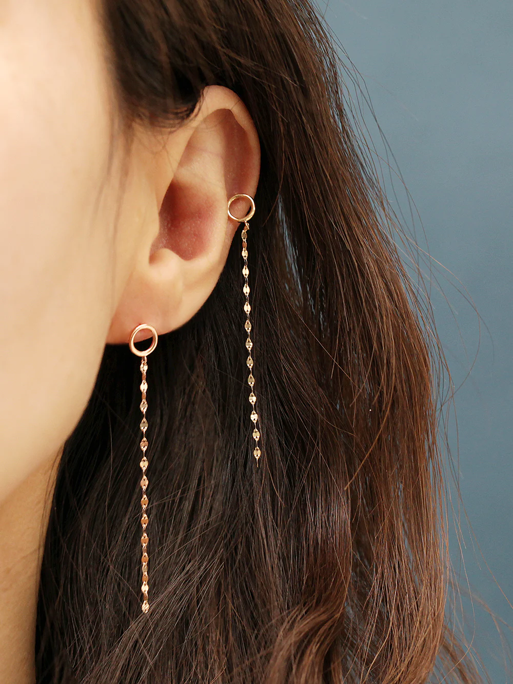 14K Gold Cutting Drop Chain Circle Earring 20G18G16G - Image 6