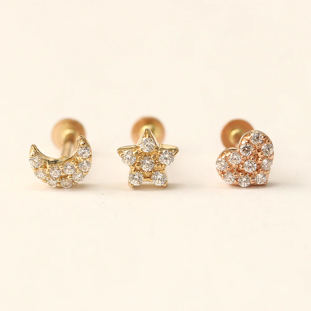 14K Gold CZ Volume Moon, Star, Heart Internally Threaded Labret Piercing 18G16G - Image 10
