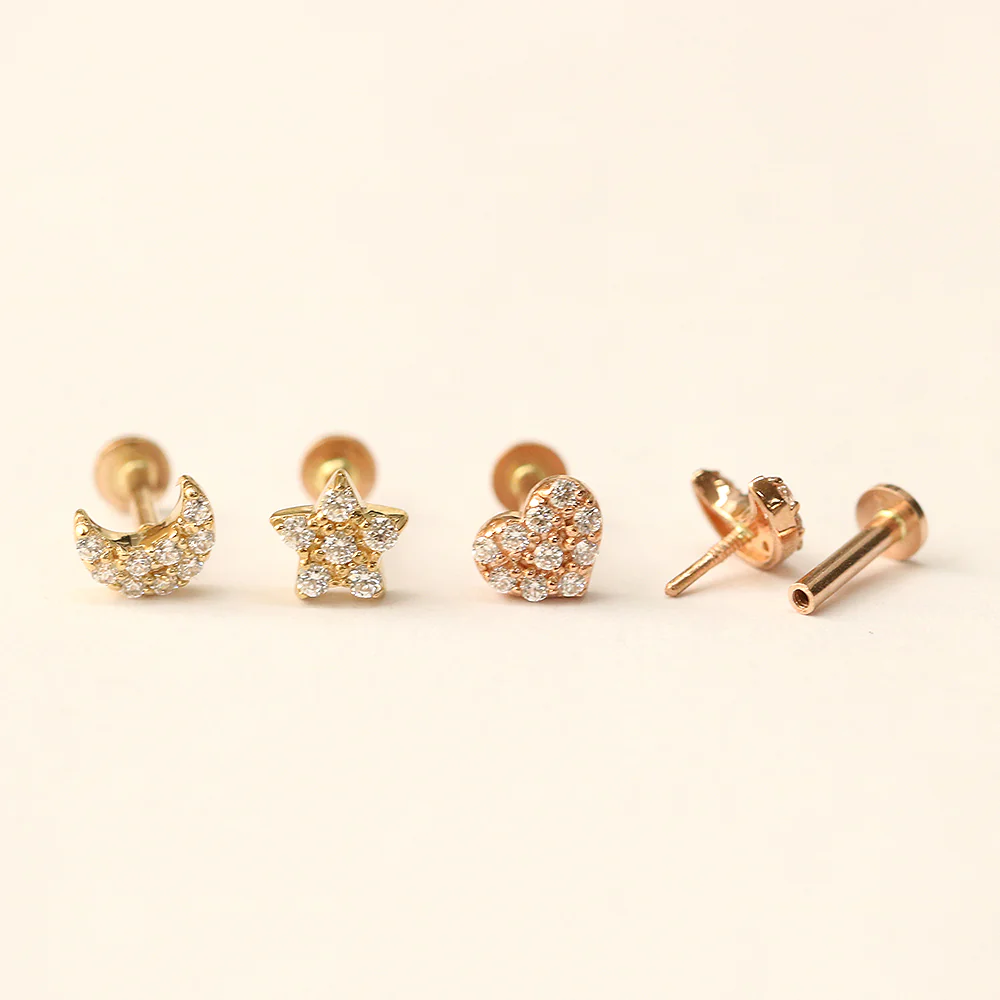 14K Gold CZ Volume Moon, Star, Heart Internally Threaded Labret Piercing 18G16G - Image 13