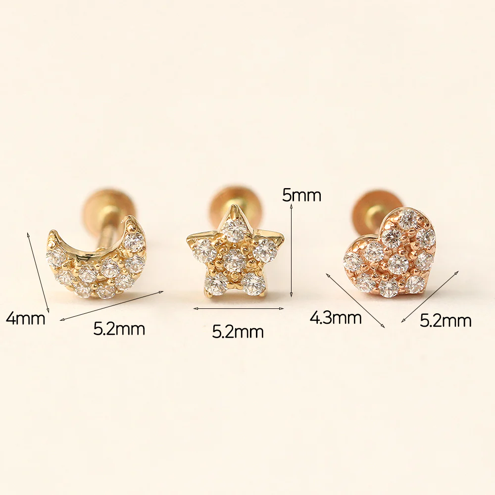 14K Gold CZ Volume Moon, Star, Heart Internally Threaded Labret Piercing 18G16G - Image 14