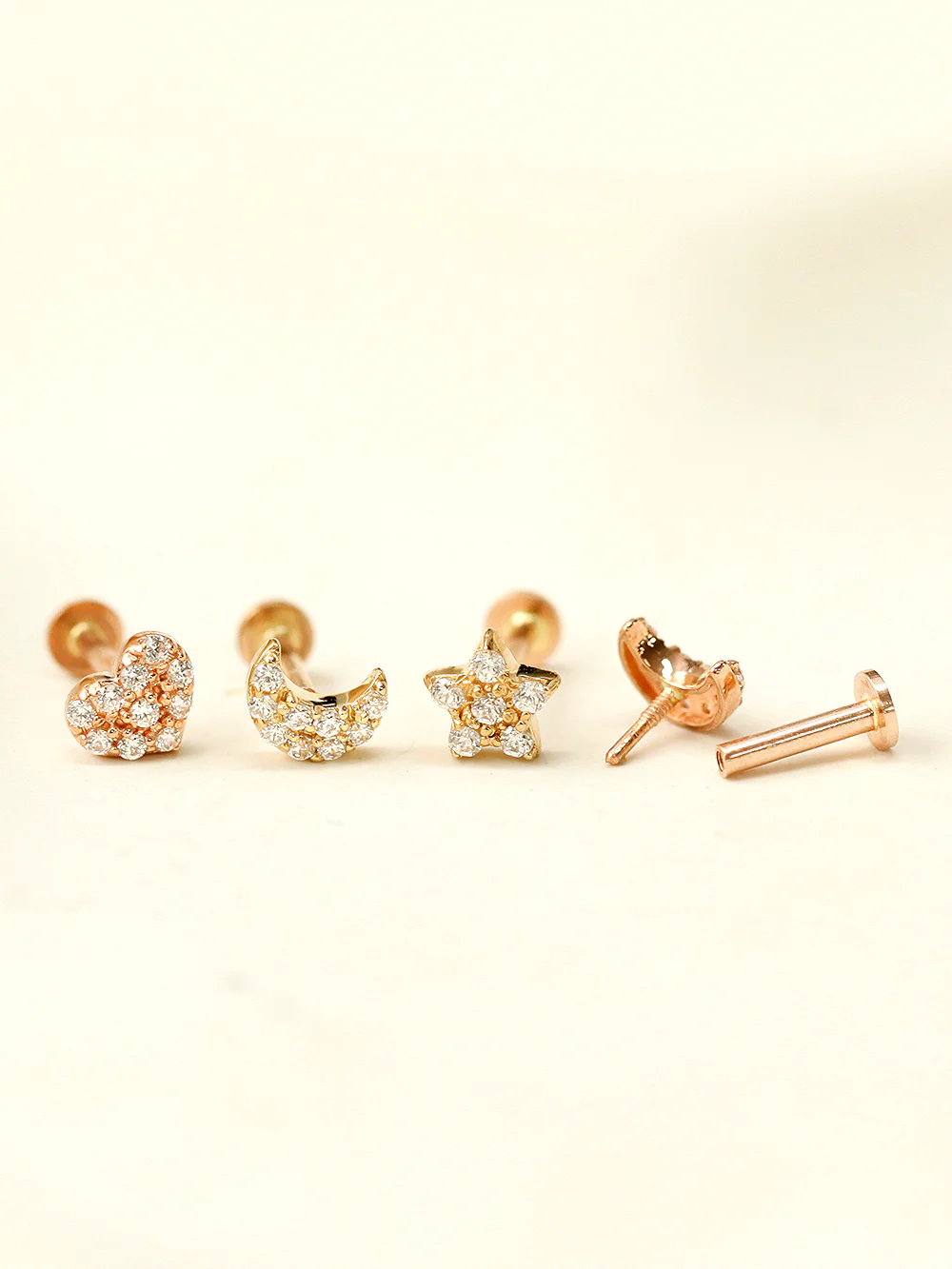 14K Gold CZ Volume Moon, Star, Heart Internally Threaded Labret Piercing 18G16G - Image 5