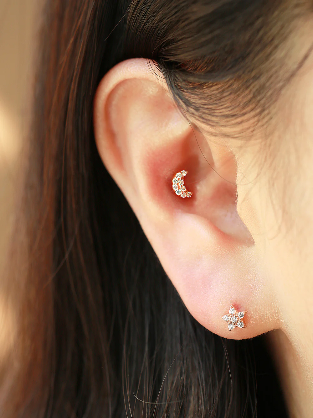 14K Gold CZ Volume Moon, Star, Heart Internally Threaded Labret Piercing 18G16G - Image 6