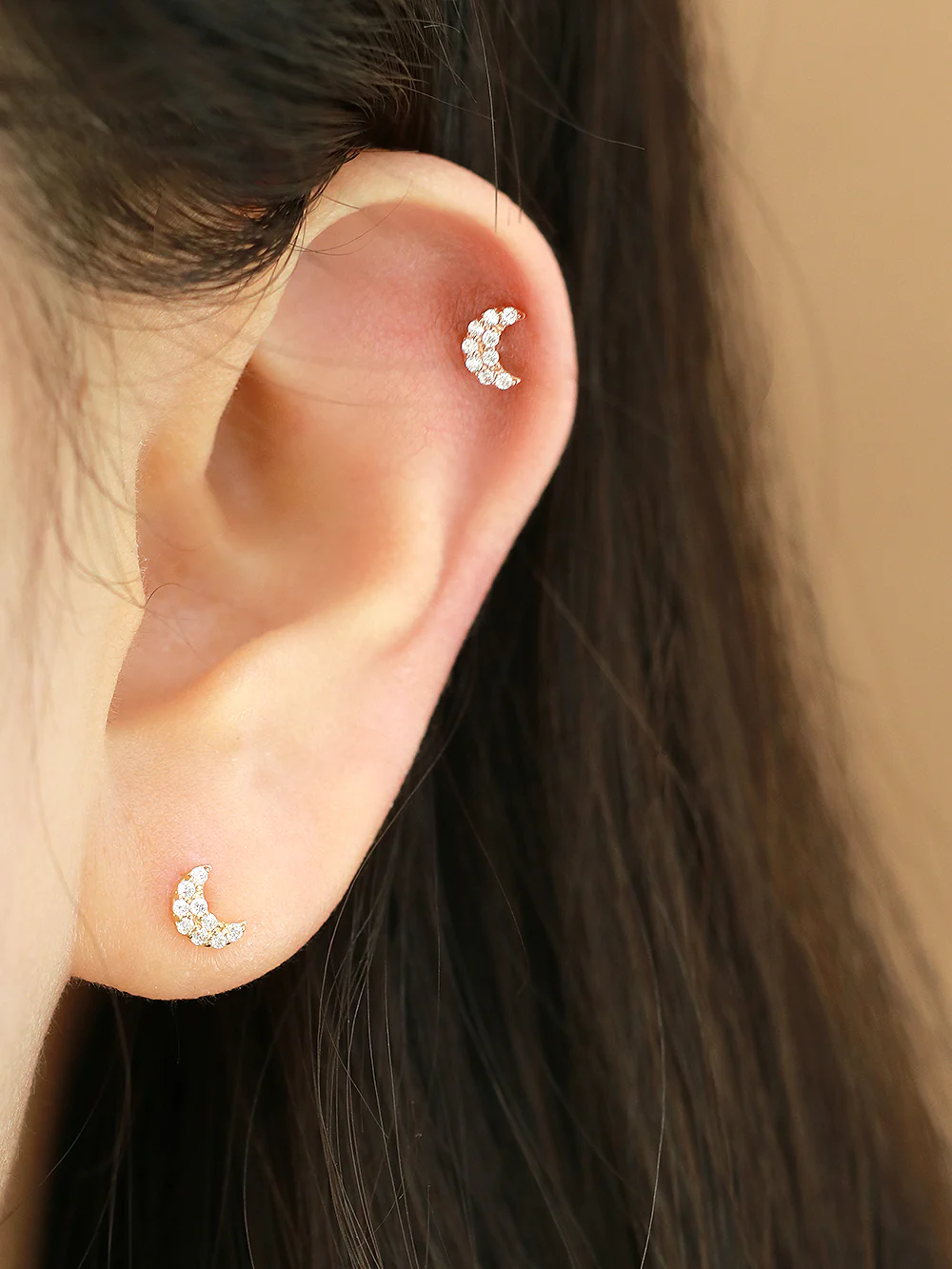 14K Gold CZ Volume Moon, Star, Heart Internally Threaded Labret Piercing 18G16G - Image 8
