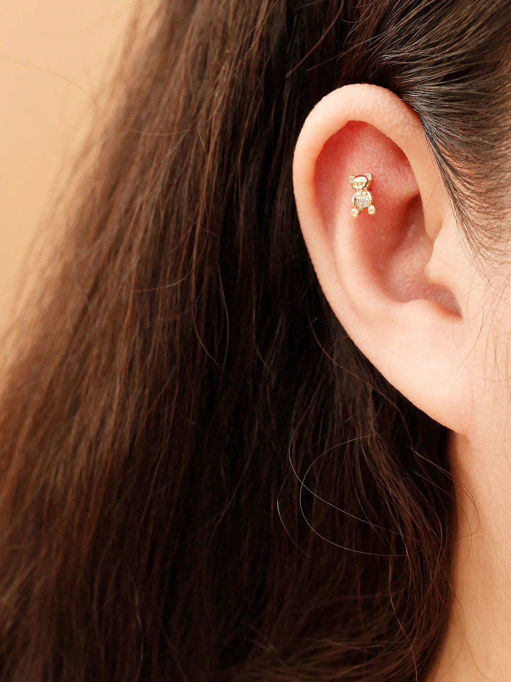 14K Gold CZ Ribbon Bear Cartilage Earring 20G18G16G - Image 2