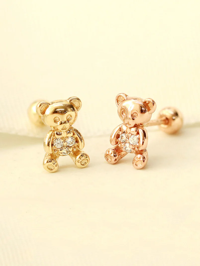 14K Gold CZ Ribbon Bear Cartilage Earring 20G18G16G - Image 3
