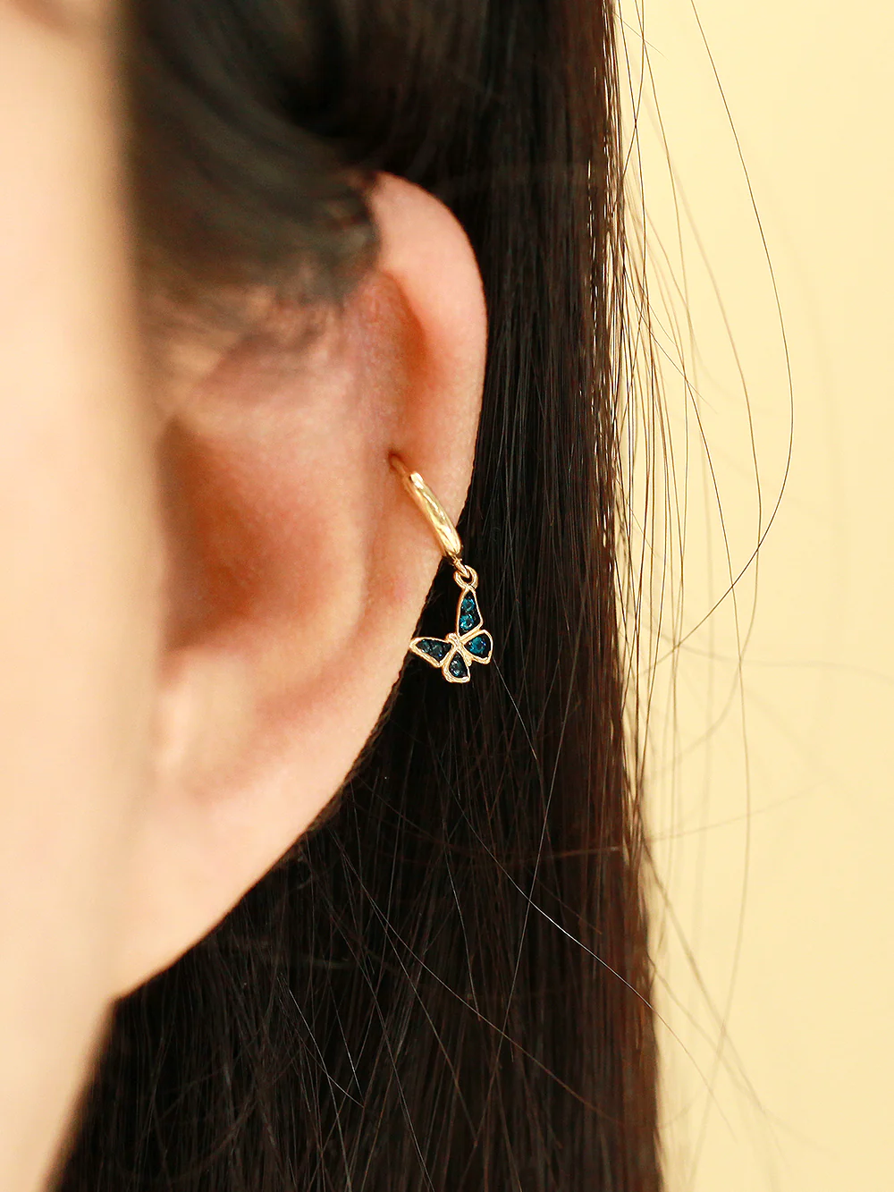 14K Gold Daily Cubic Butterfly Drop Hoop Earring - Image 7