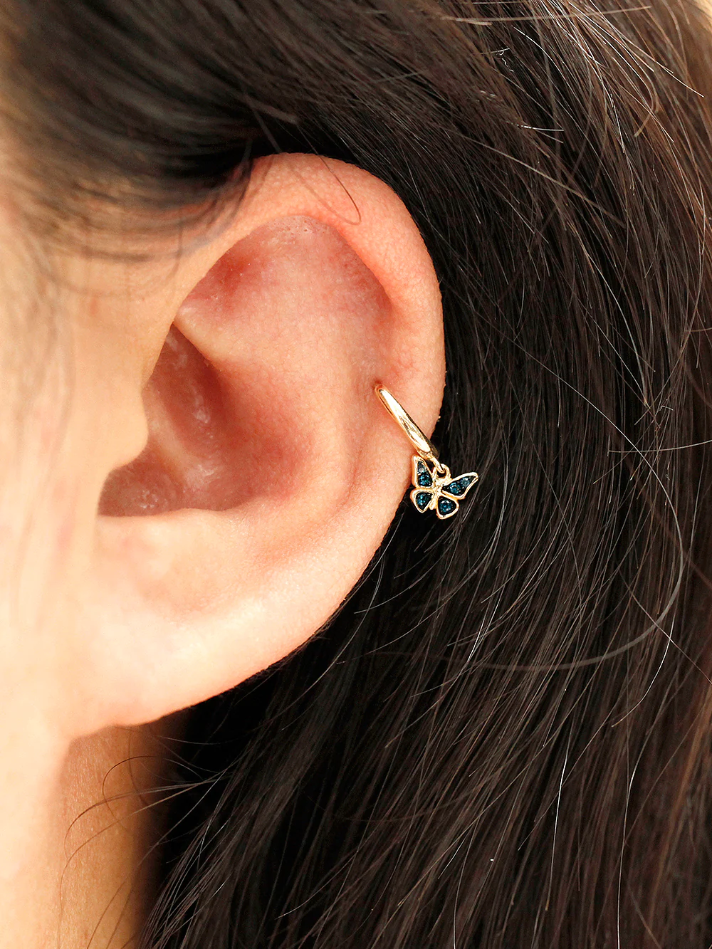 14K Gold Daily Cubic Butterfly Drop Hoop Earring - Image 9