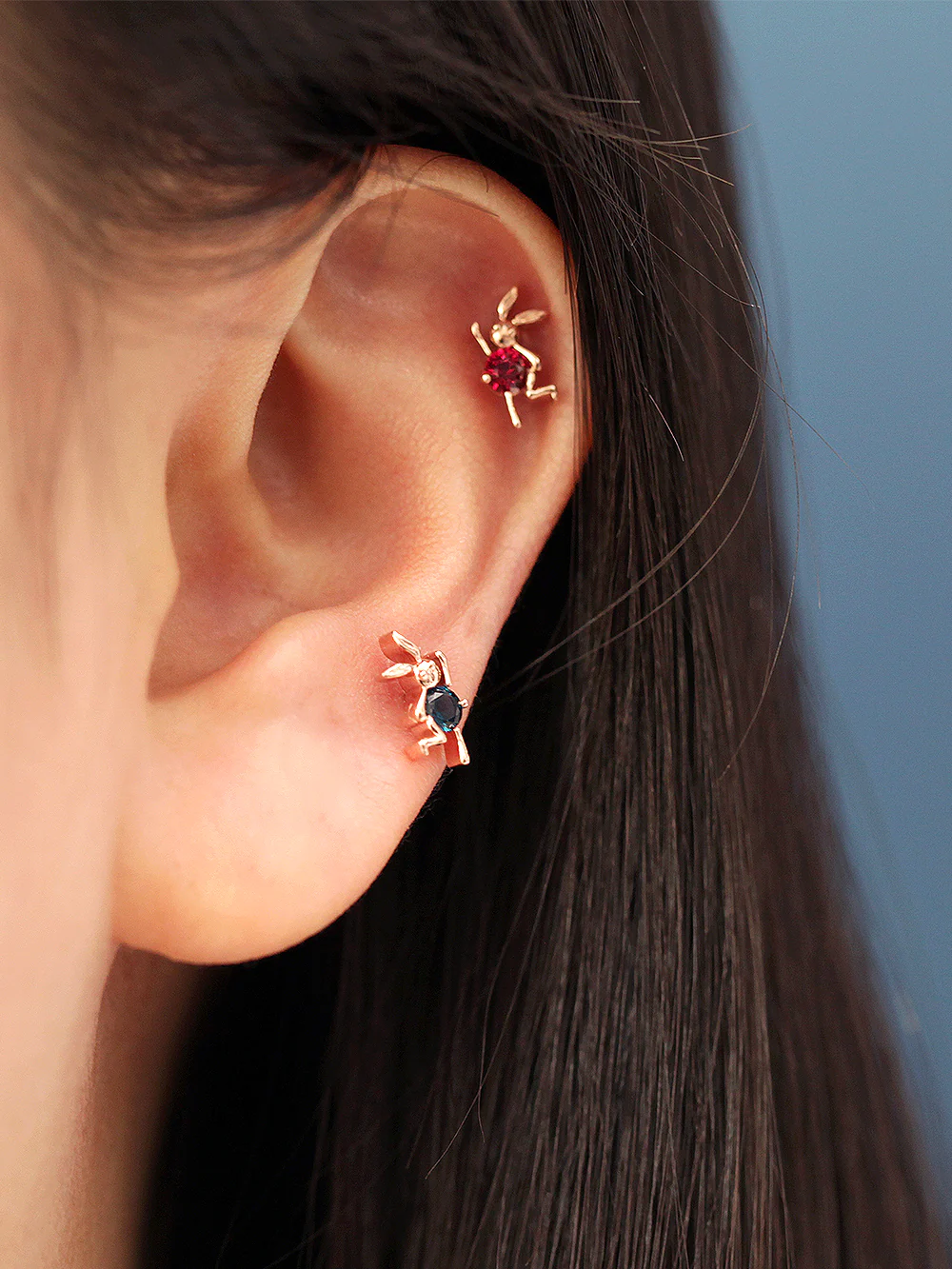 14K Gold Dancing Rabbit Cartilage Earring 18G16G - Image 7