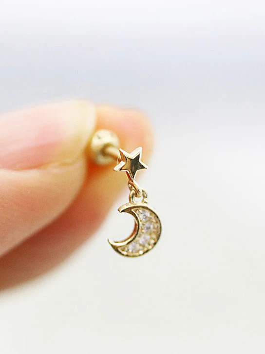 14K Gold Dangle Moon Cartilage Earring 18G16G - Image 2