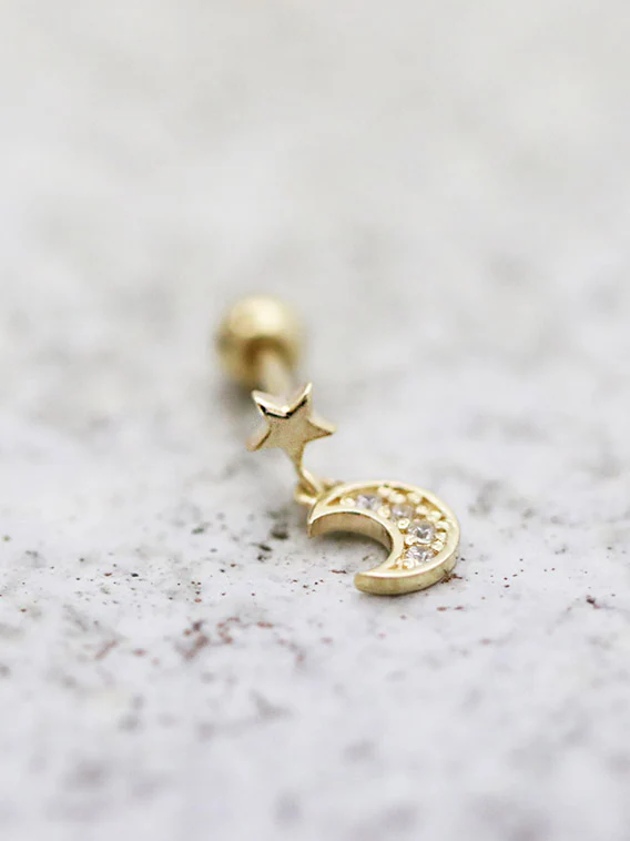 14K Gold Dangle Moon Cartilage Earring 18G16G - Image 3