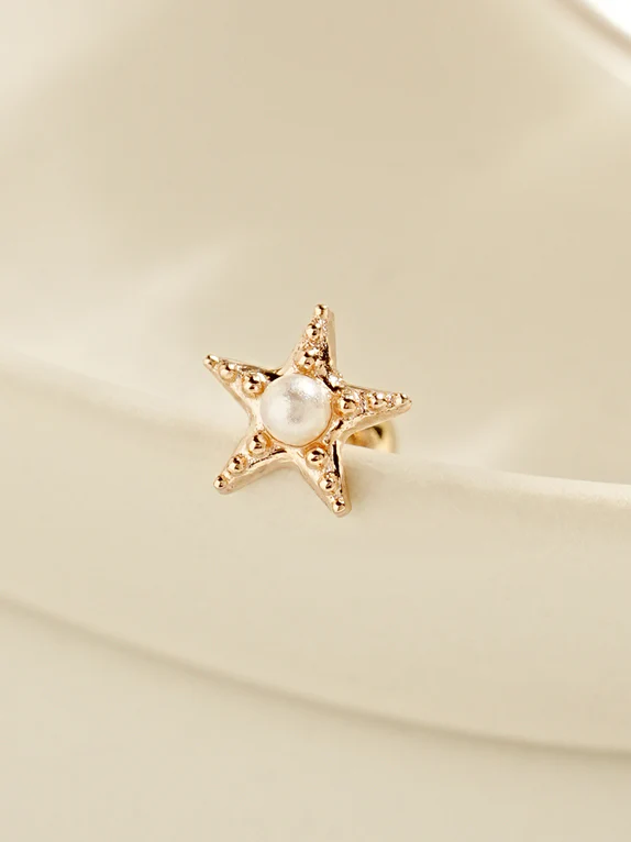 14K Gold Dotted Pearl Starfish Cartilage Earring 20G
