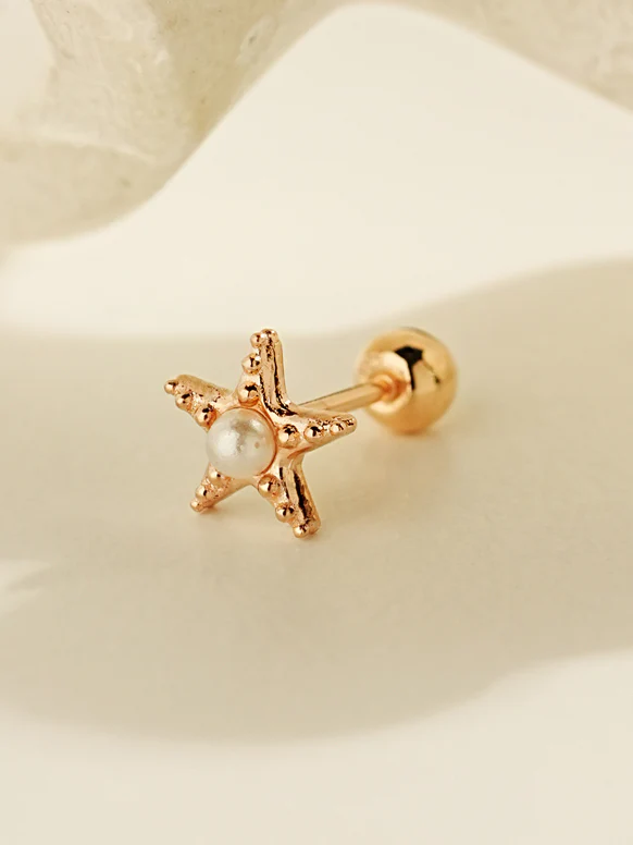 14K Gold Dotted Pearl Starfish Cartilage Earring 20G - Image 5