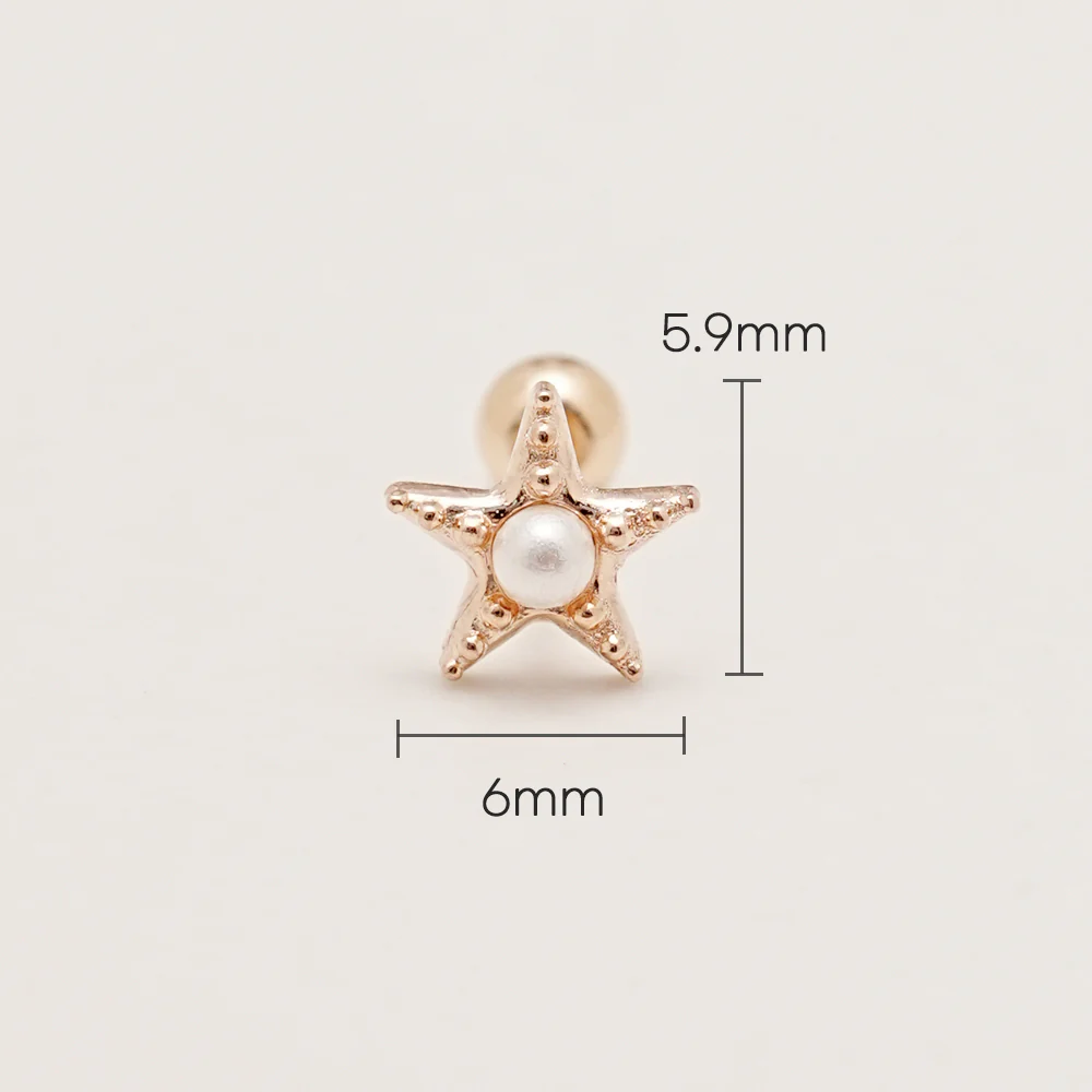14K Gold Dotted Pearl Starfish Cartilage Earring 20G - Image 7