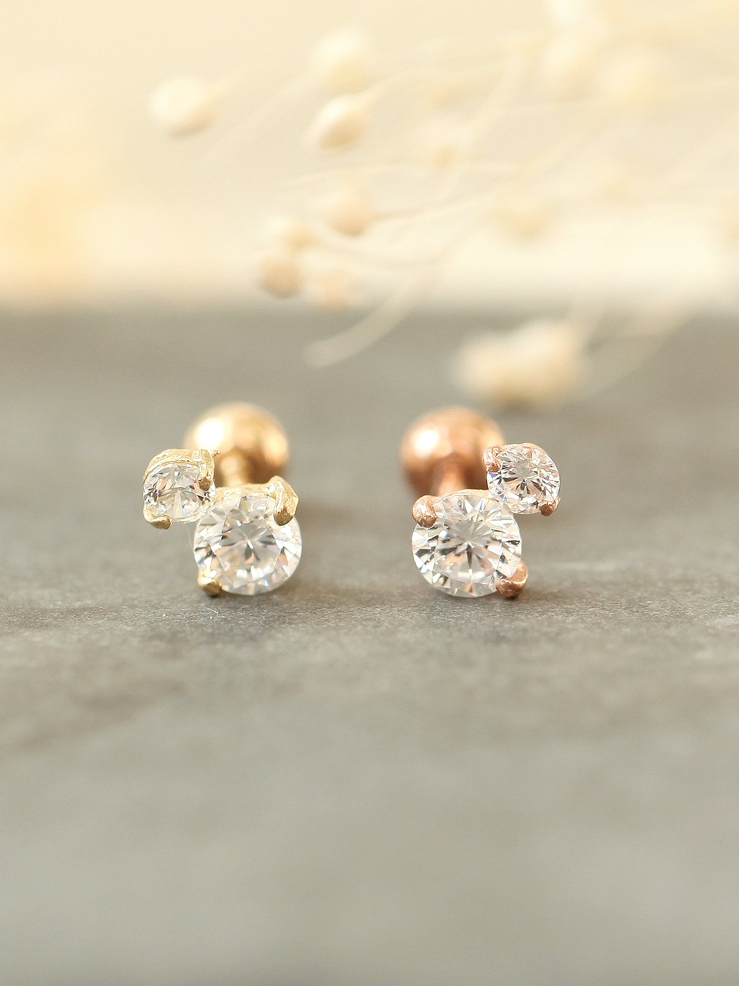 14K Gold Double Cubic Cartilage Earring 20G - Image 3