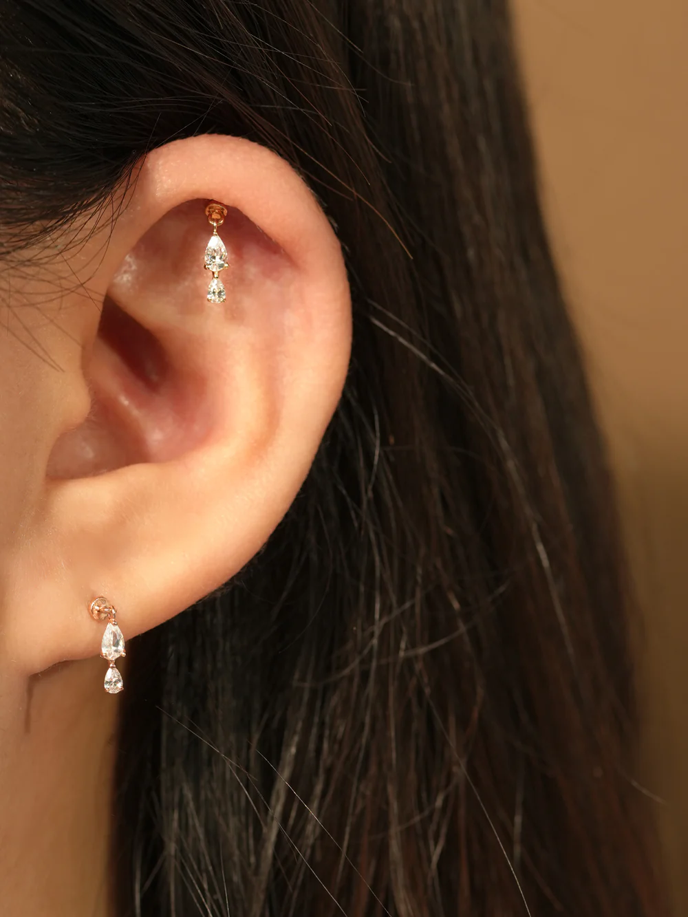 14K Gold Double Cubic Tear Drop Internally Threaded Labret Piercing 20G18G16G - Image 2