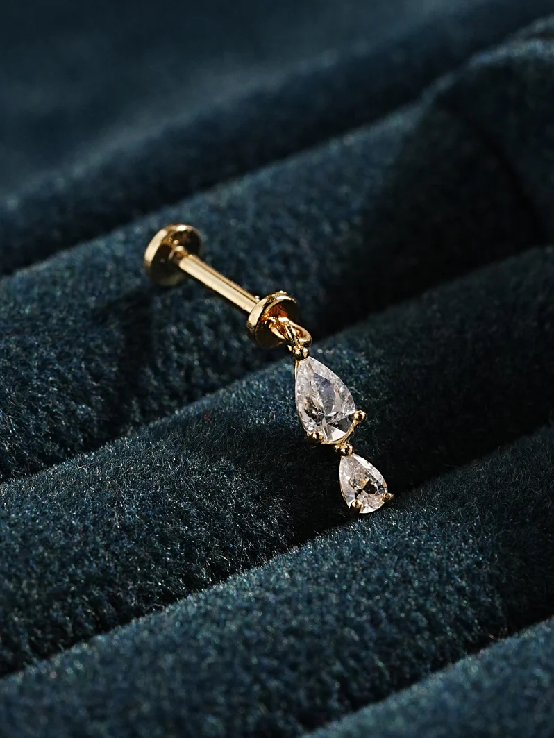 14K Gold Double Cubic Tear Drop Internally Threaded Labret Piercing 20G18G16G - Image 5