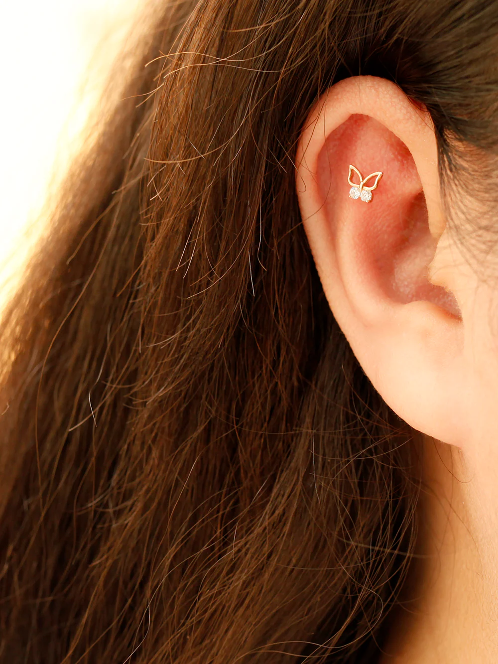14K Gold Double CZ Butterfly Cartilage Earring 20G18G16G - Image 2