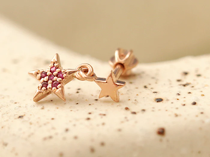 14K Gold Double Drop Star Cartilage Earring 18G - Image 11