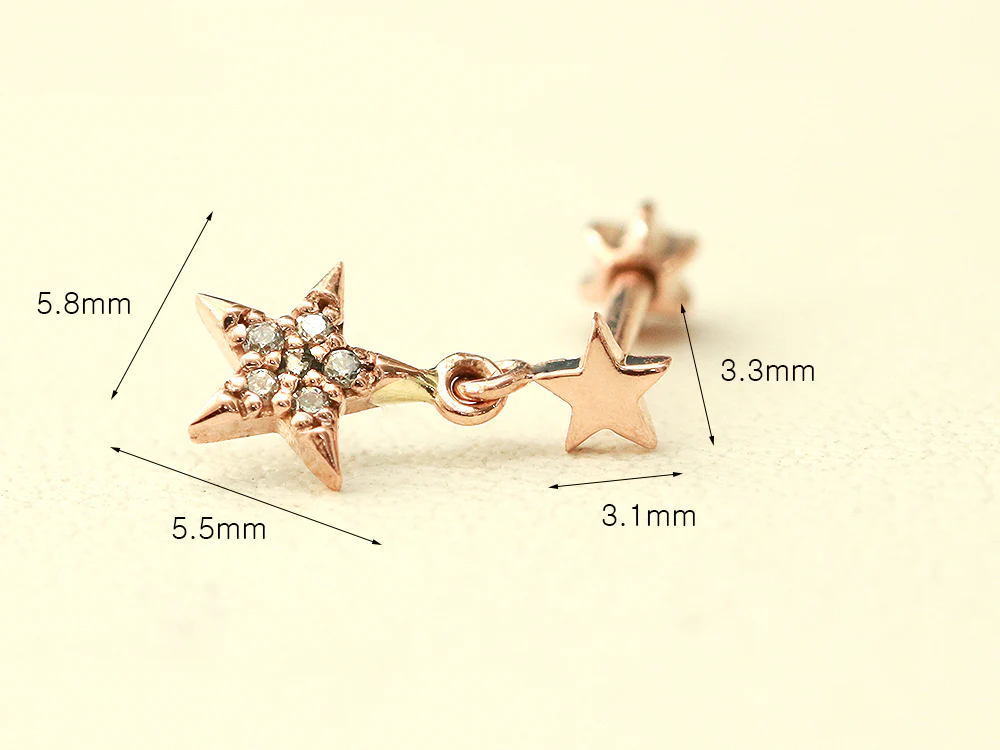 14K Gold Double Drop Star Cartilage Earring 18G - Image 12