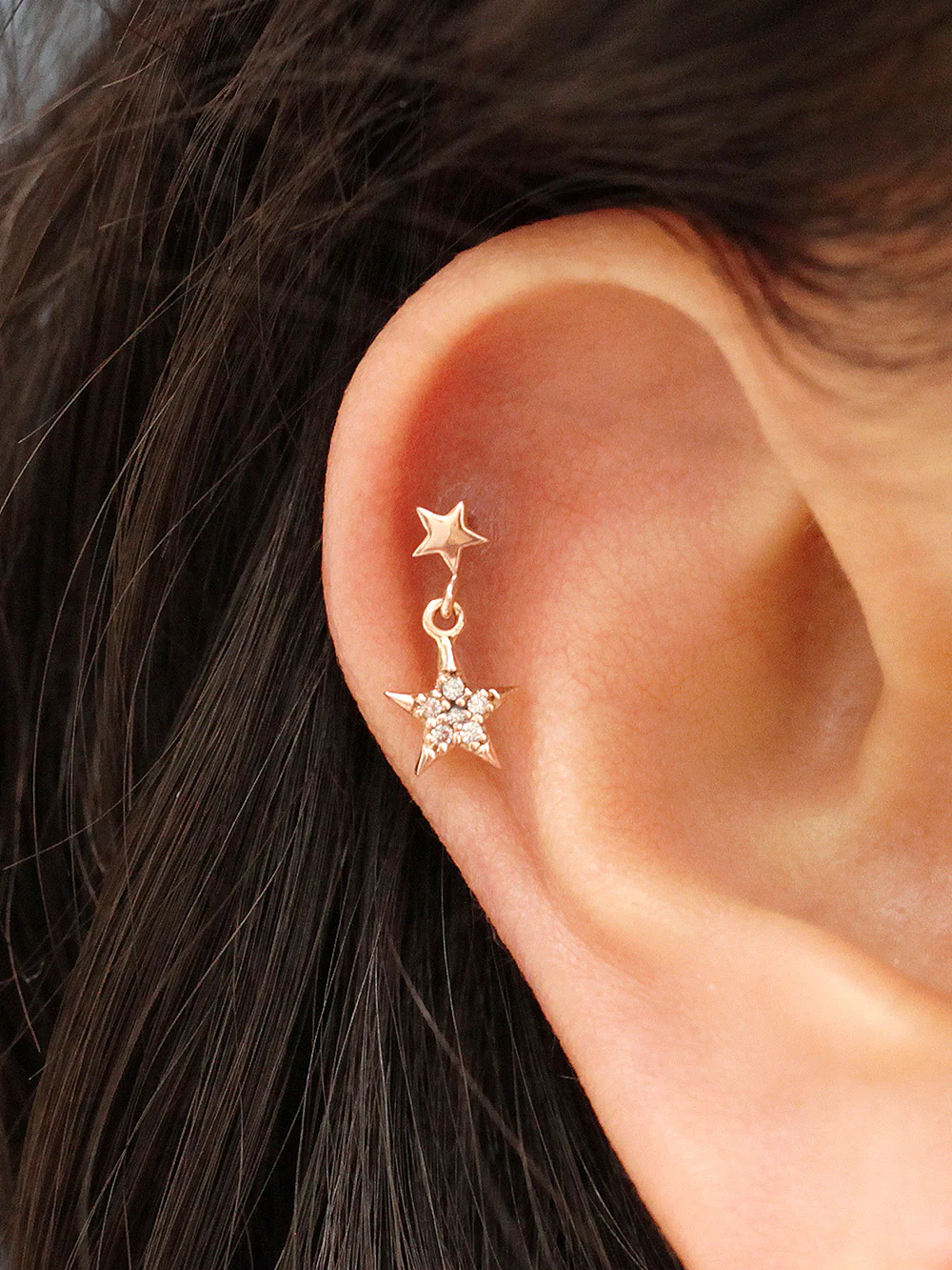 14K Gold Double Drop Star Cartilage Earring 18G - Image 2
