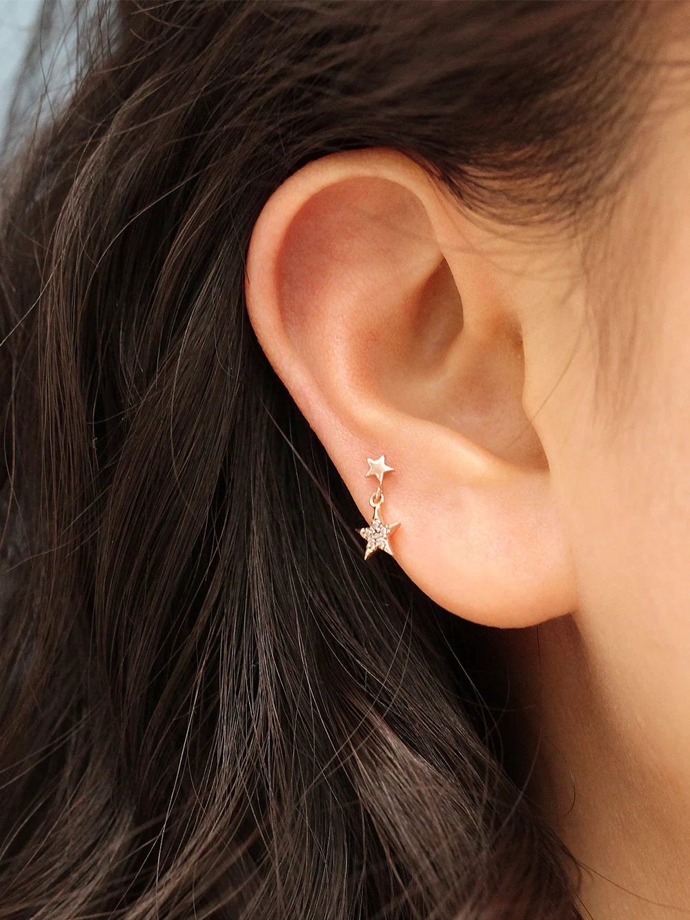 14K Gold Double Drop Star Cartilage Earring 18G - Image 3