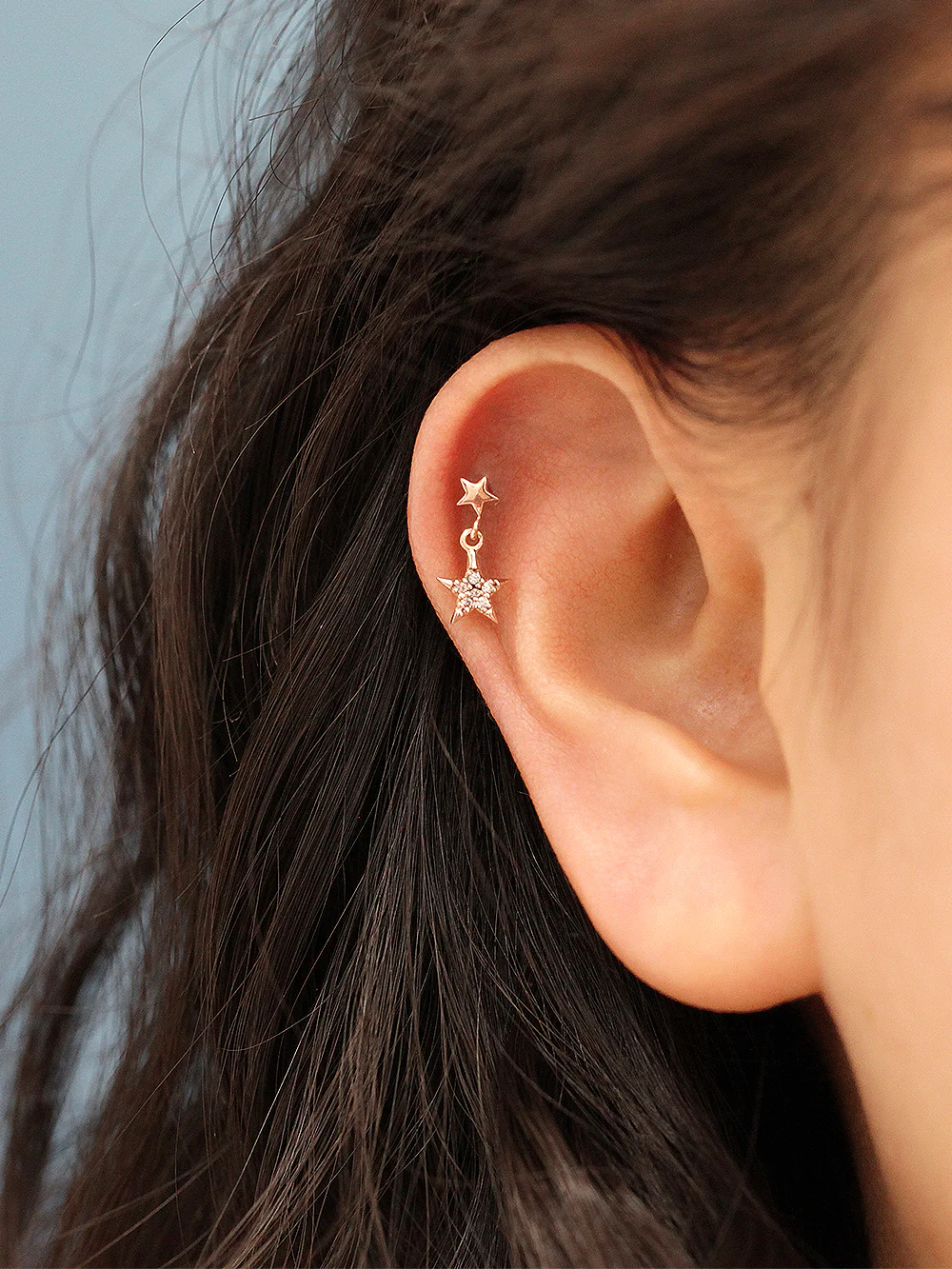 14K Gold Double Drop Star Cartilage Earring 18G - Image 9