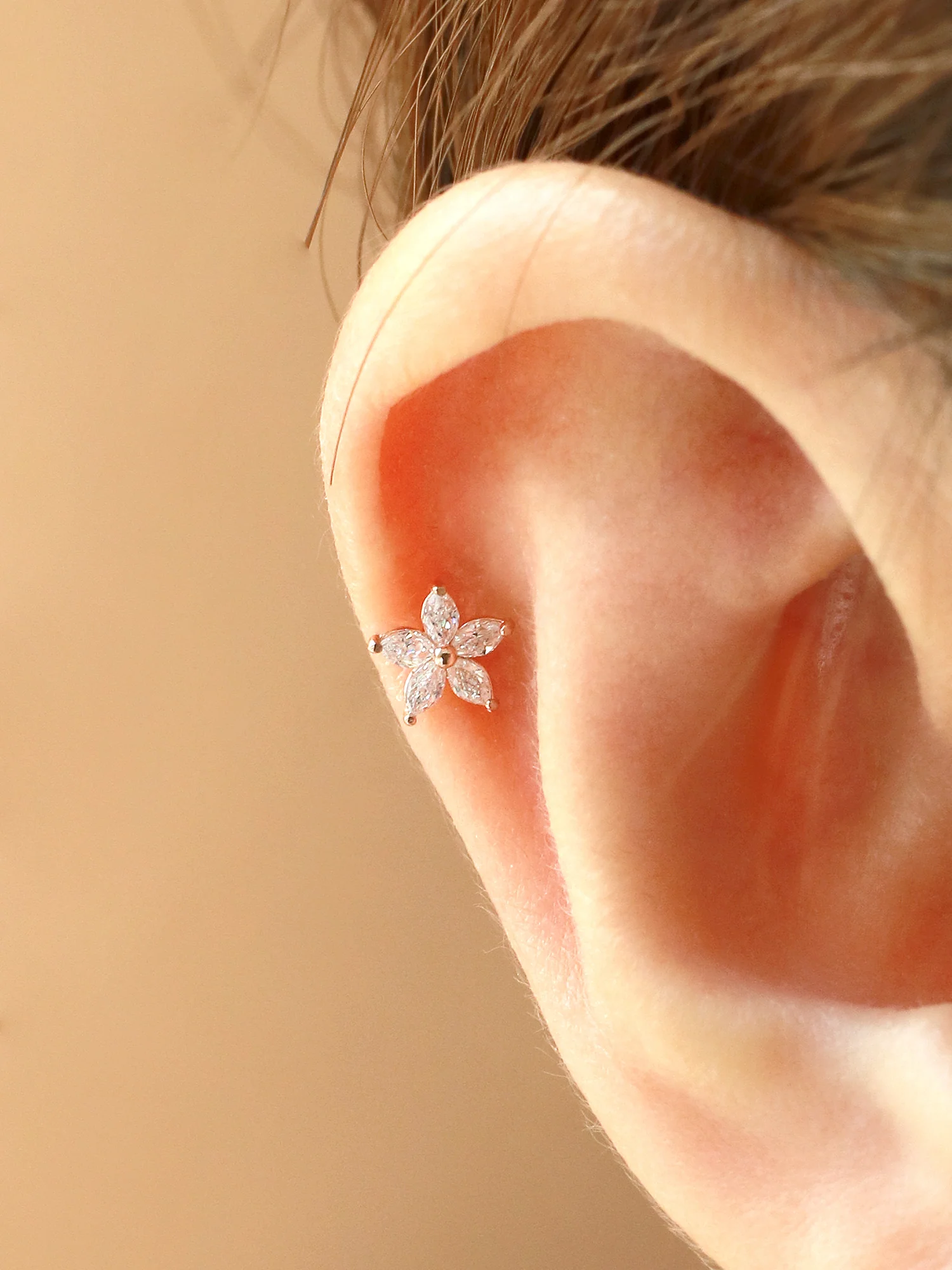 14K Gold Double Flower Cubic Cartilage Earring 20G - Image 10