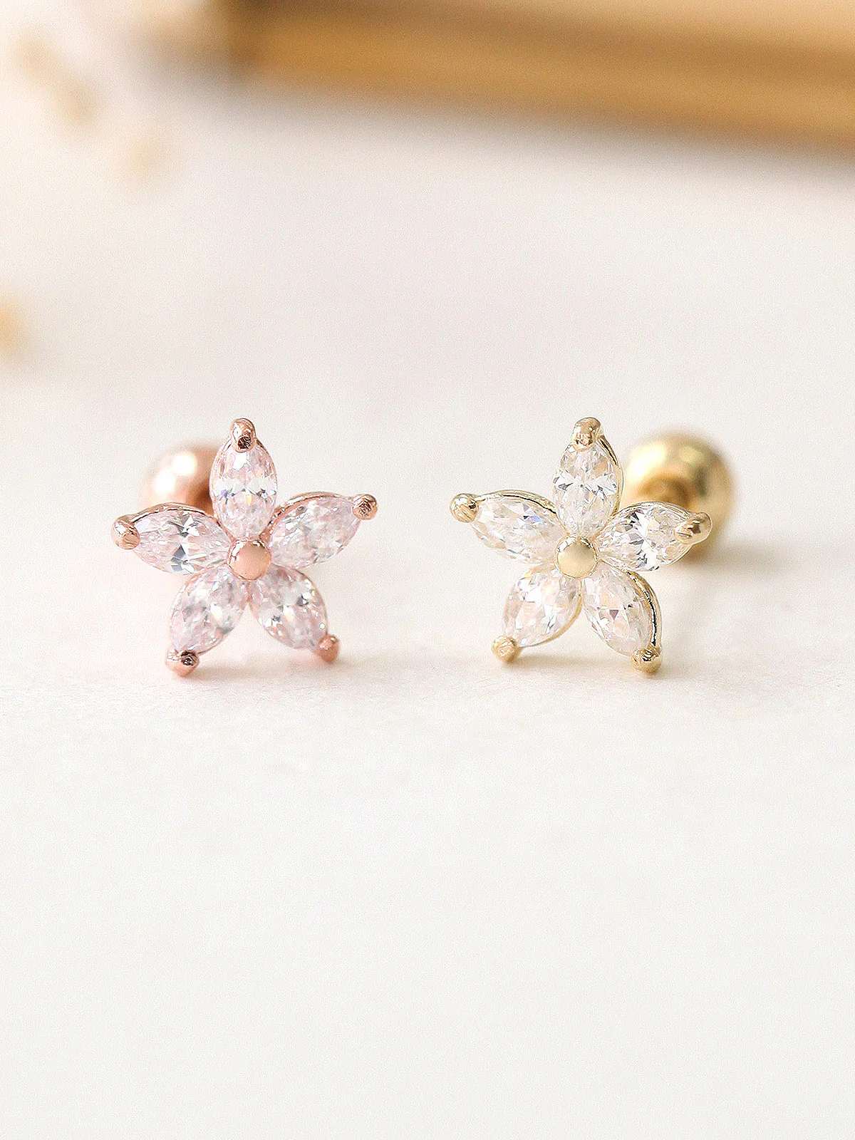14K Gold Double Flower Cubic Cartilage Earring 20G - Image 2