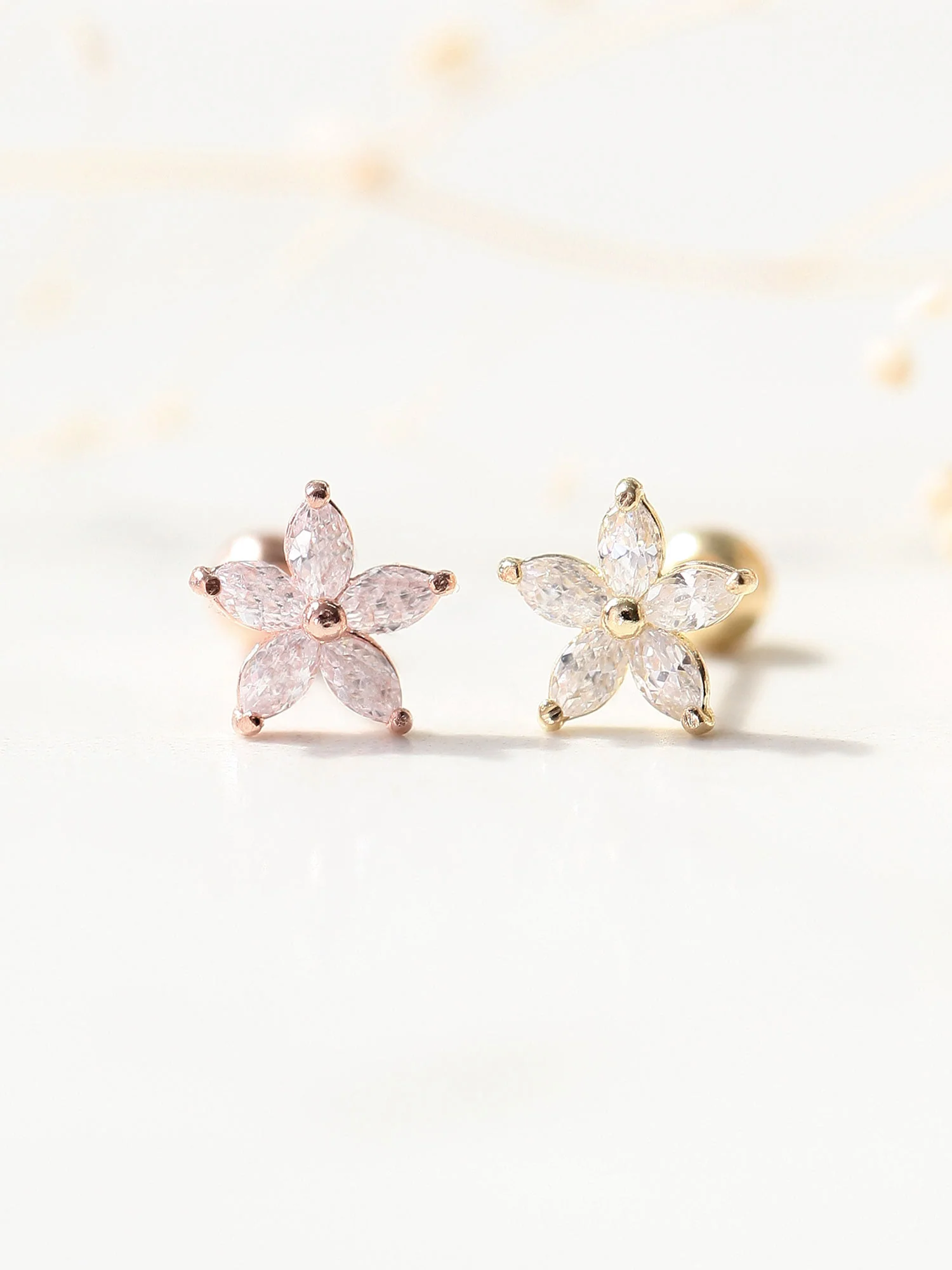 14K Gold Double Flower Cubic Cartilage Earring 20G - Image 3