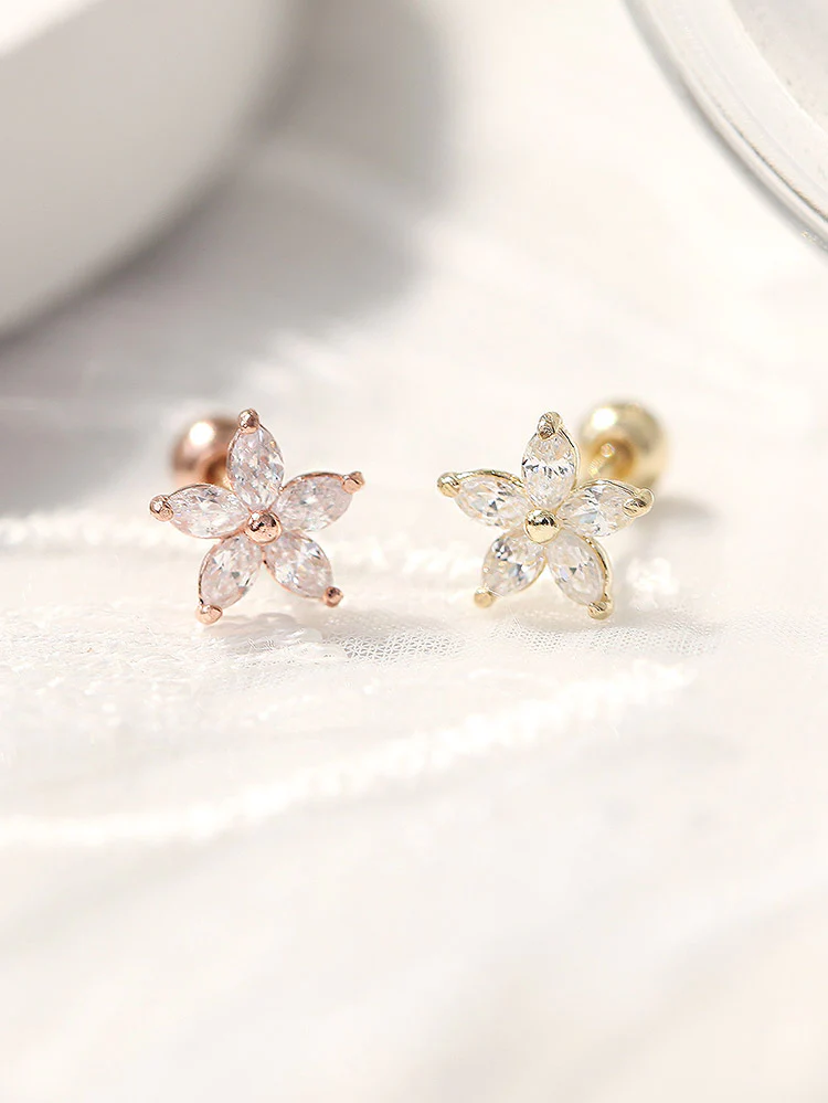 14K Gold Double Flower Cubic Cartilage Earring 20G - Image 4