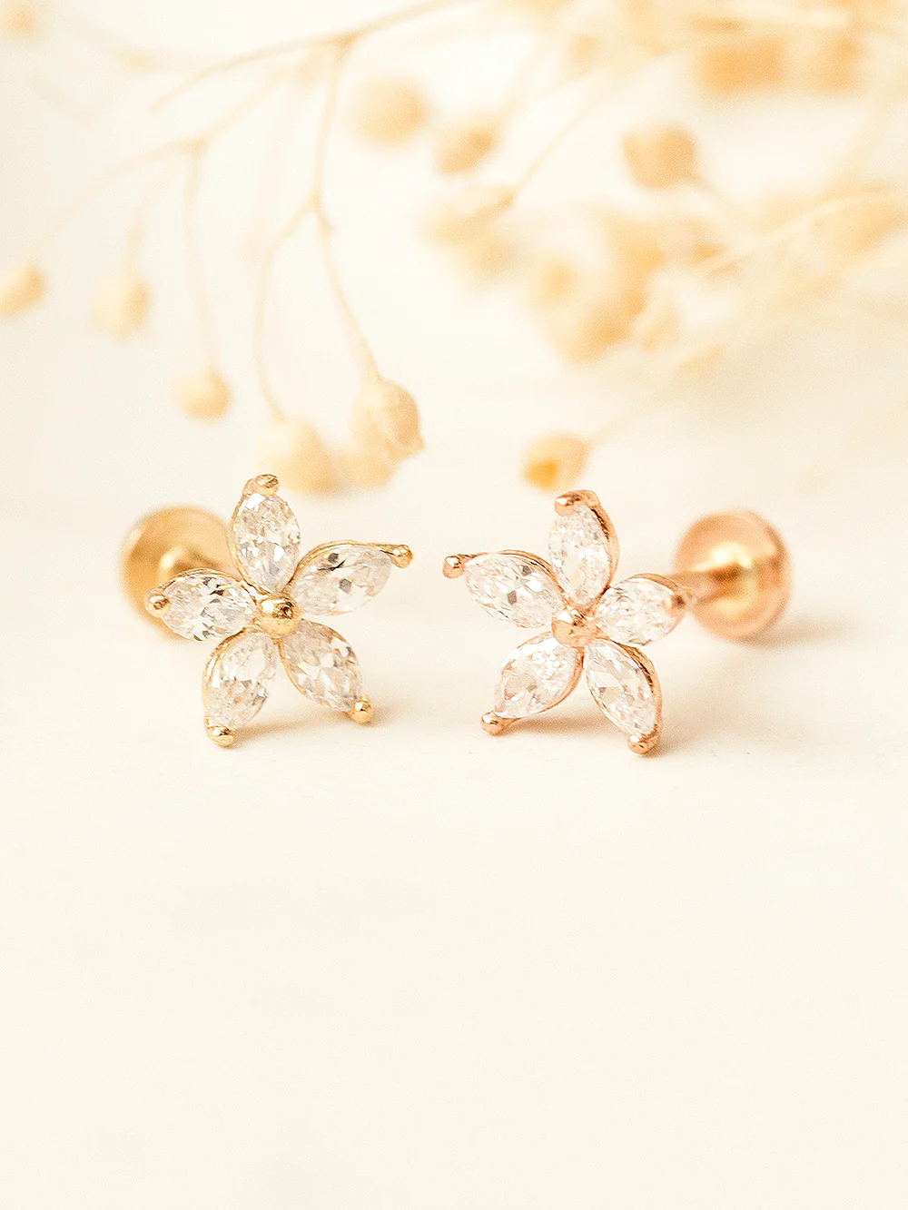 14K Gold Double Flower Internally Threaded Labret Piercing 18G16G - Image 3