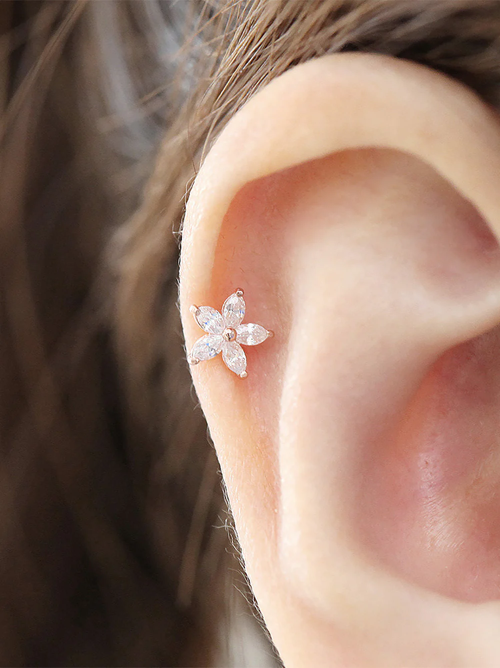 14K Gold Double Flower Internally Threaded Labret Piercing 18G16G - Image 6