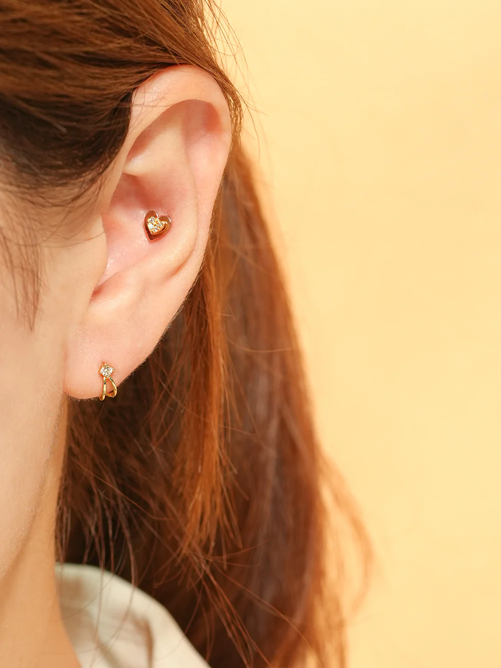 14K Gold Double Fold Cubic Heart Cartilage Earring 20G - Image 4