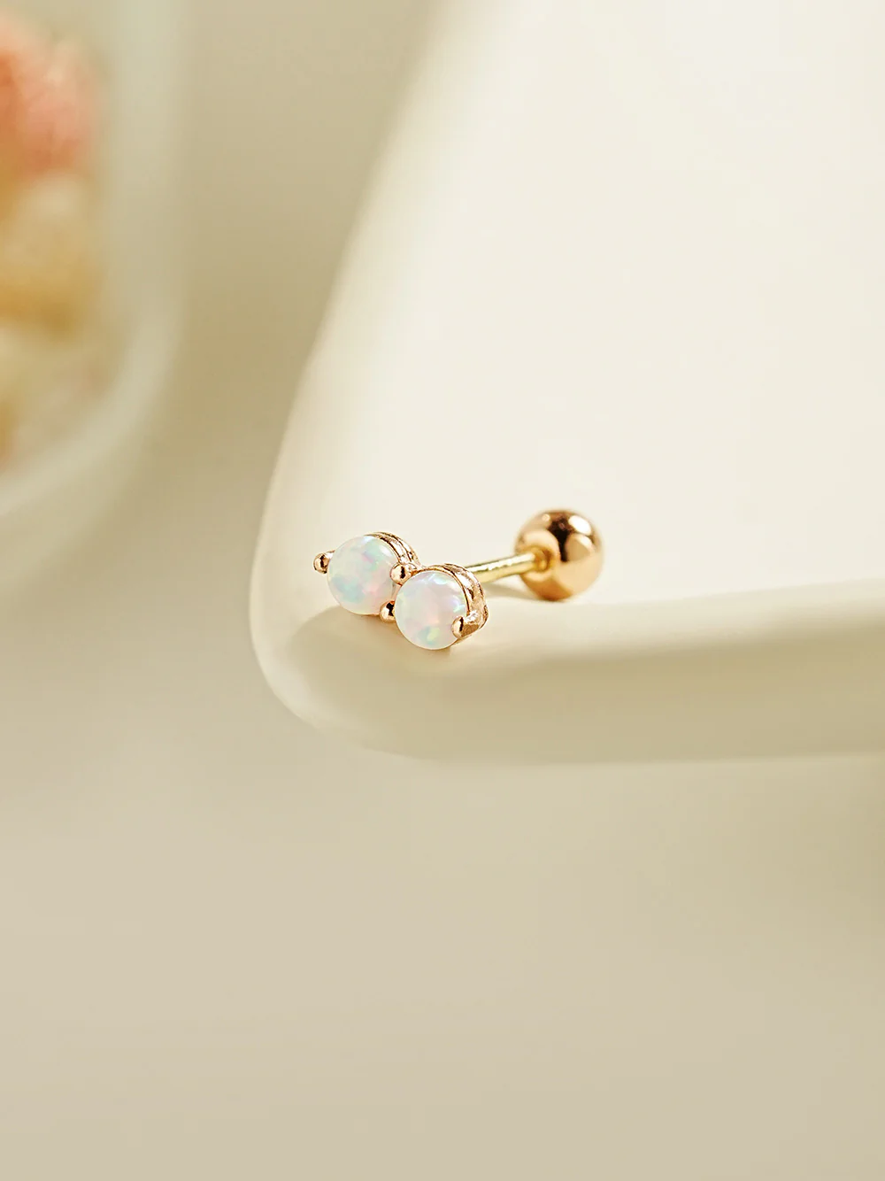 14K Gold Double Opal Cartilage Earring 20G18G16G - Image 3