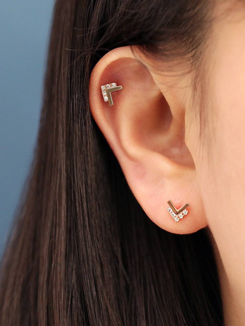 14K Gold Double V Cubic Cartilage Earring 20G18G - Image 6