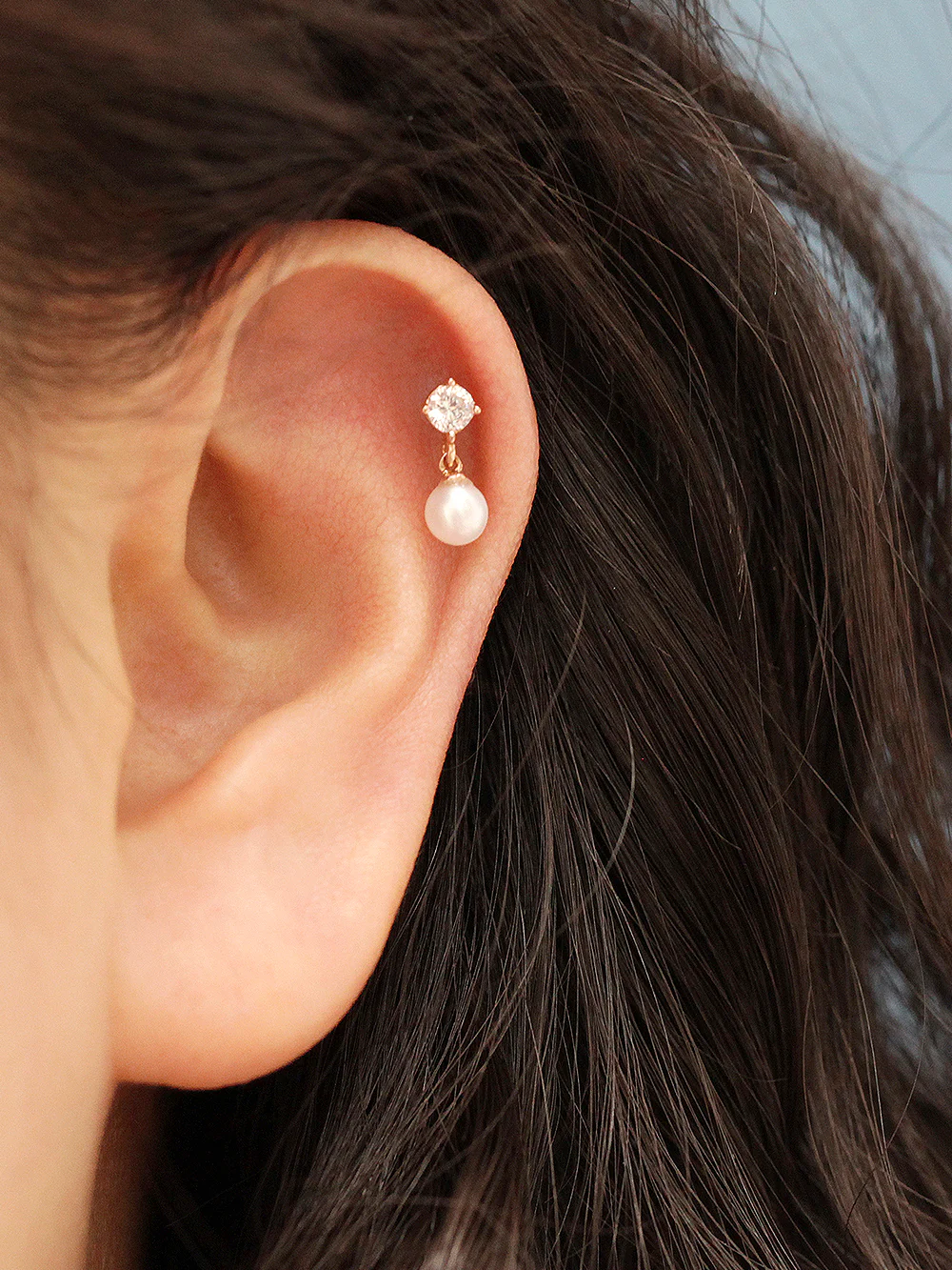 14K Gold Drop Cubic Pearl Cartilage Earring 20G18G - Image 8