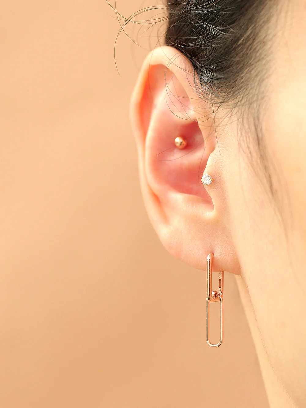 14K Gold Drop Round Square Hoop Earring - Image 8